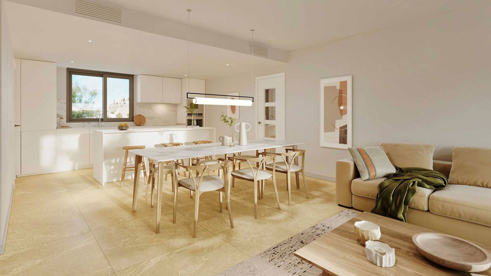 Woon- en eetkamer in Las Mesas Collection met open keuken en modern meubilair.